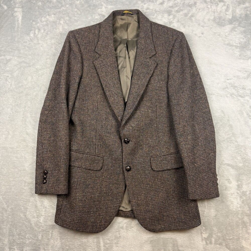 Vintage Harris Tweed Brown Herringbone Wool Blazer Sport Coat Handwoven Scotland